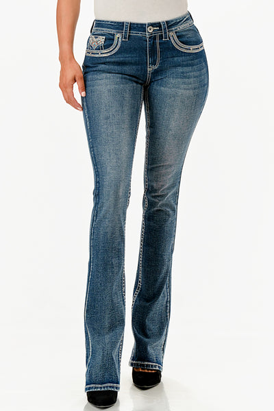 Border Faux Flap Mid Rise Bootcut Jeans 34