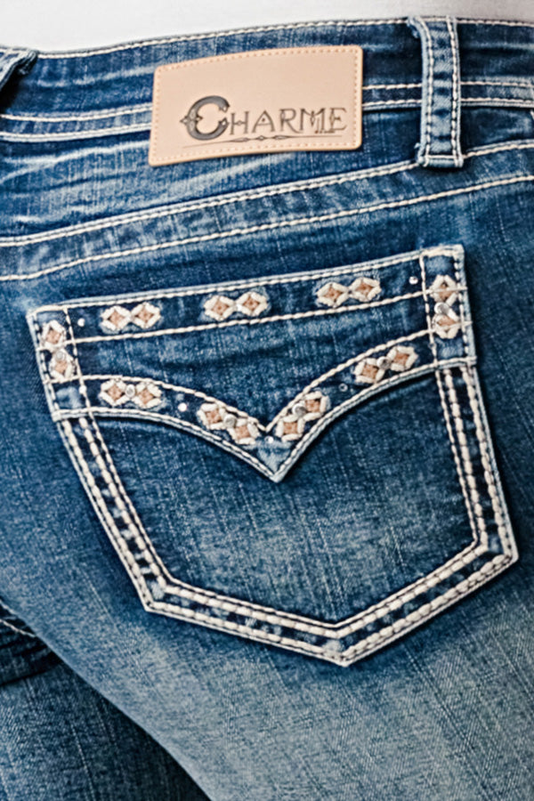 Border Stitches Faux Flap Mid Rise Bootcut Jeans  | CEB-S672