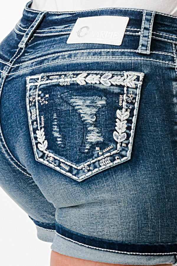 Border Stitches Embellished Easy Denim Shorts | CEH-51803