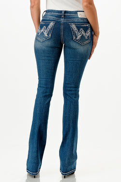 "W" Embroidery Mid Rise Bootcut Jeans   | CEB-51730