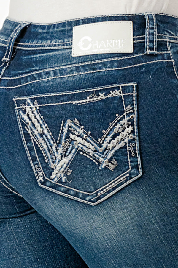 "W" Embroidery Mid Rise Bootcut Jeans   | CEB-51730