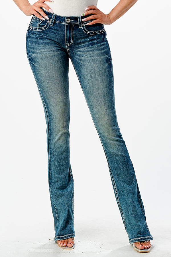 Necklace Embroidery Mid Rise Bootcut Jeans   | CEB-51794