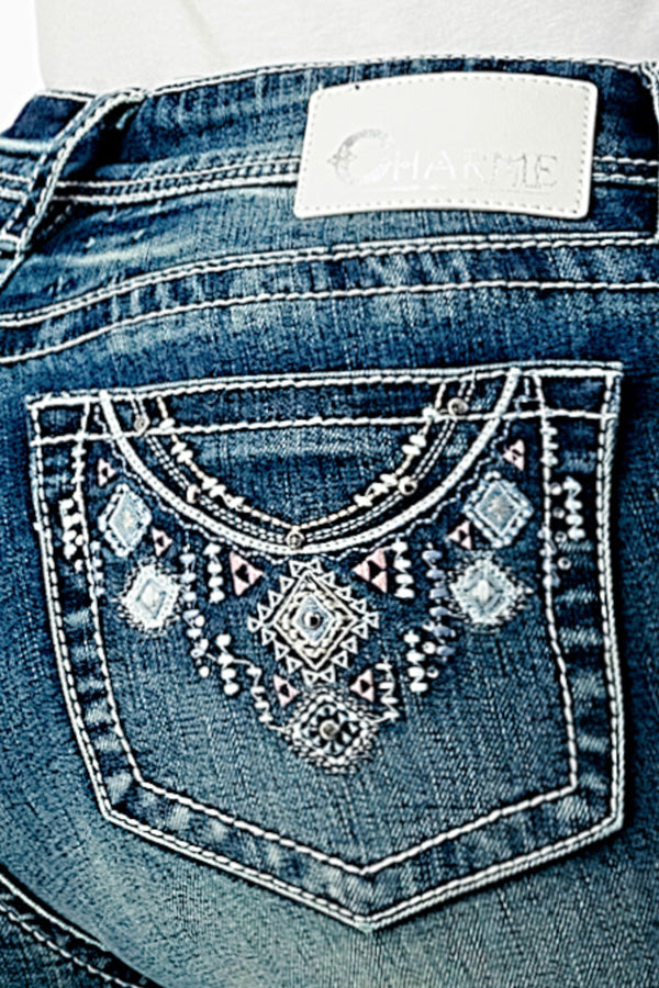 Necklace Embroidery Mid Rise Bootcut Jeans   | CEB-51794