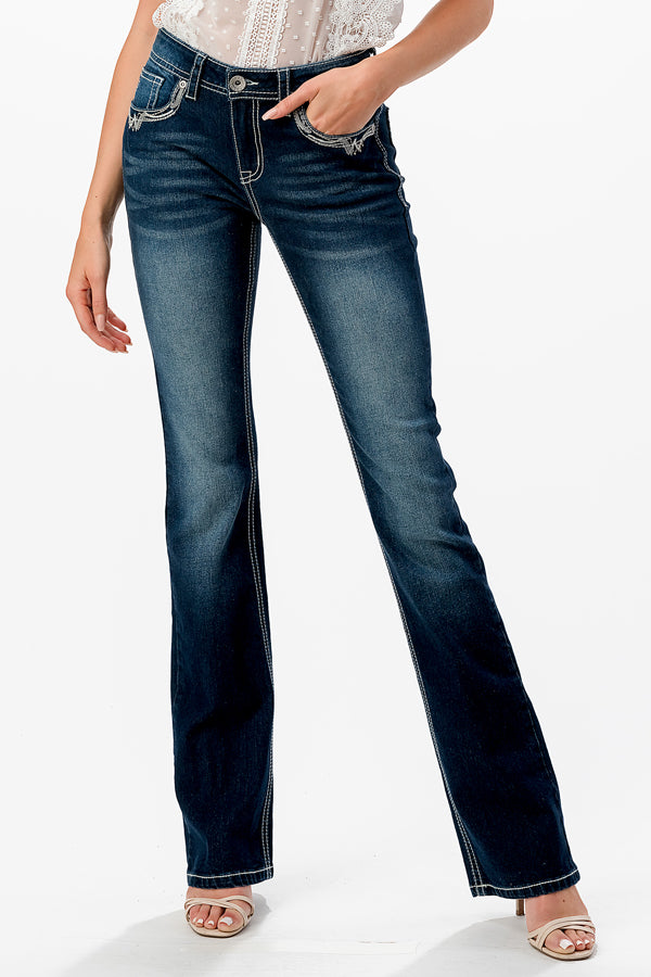 Western Embellishment Mid Rise Bootcut Jeans   | CEB-61747