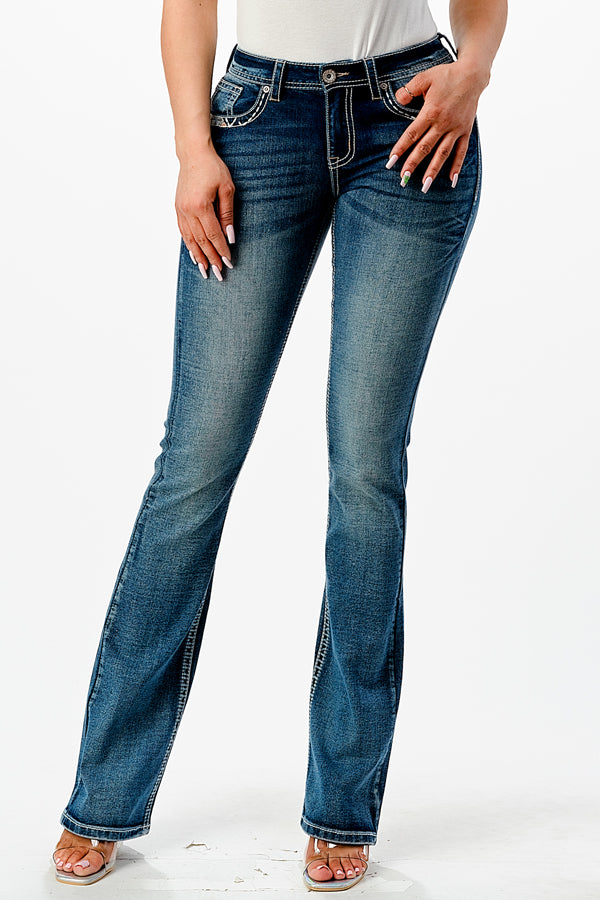 Colorful Emboridery Mid Rise Bootcut Jeans 32"  | CEB-61748-32
