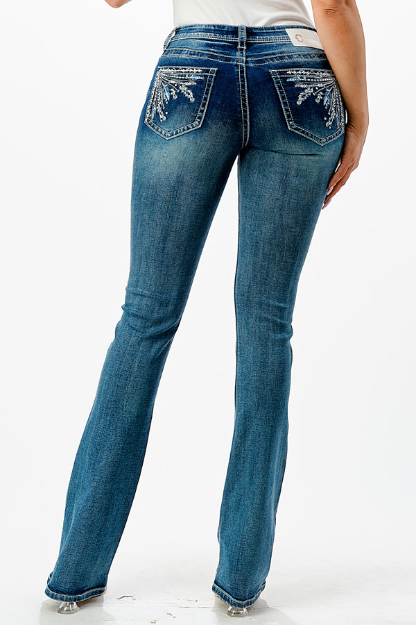 Feather Embroidery Mid Rise Bootcut Jeans   | CEB-61763-32" & 34"