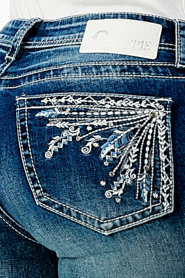 Feather Embroidery Mid Rise Bootcut Jeans   | CEB-61763-32" & 34"