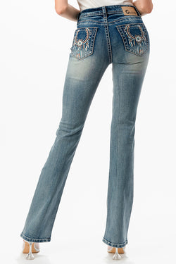 Dream Catcher Embroidery Mid Rise Bootcut Jeans   | CEB-61786-32" &34"