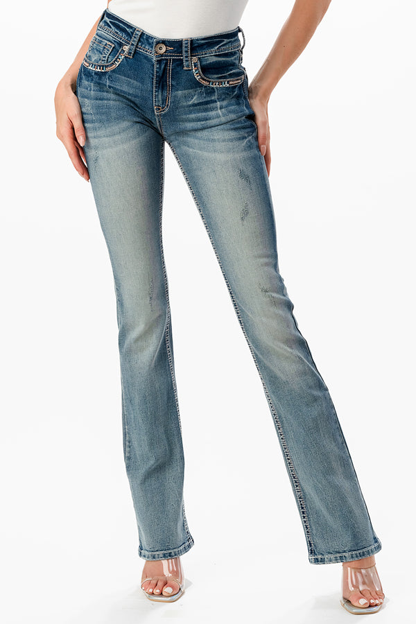Dream Catcher Embroidery Mid Rise Bootcut Jeans   | CEB-61786-32" &34"