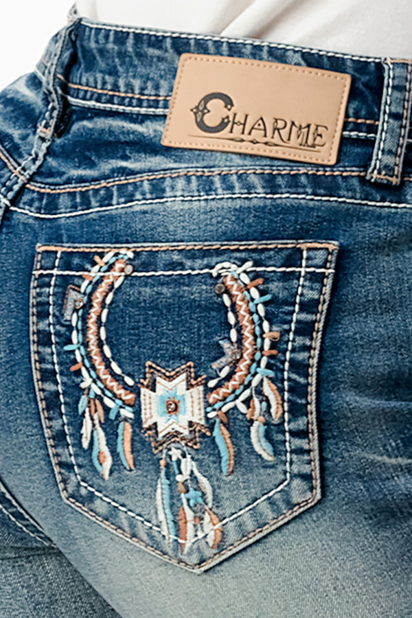 Dream Catcher Embroidery Mid Rise Bootcut Jeans   | CEB-61786-32" &34"