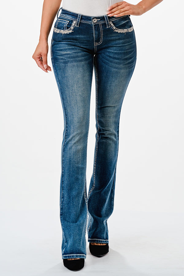 Border Embroidery Mid Rise Bootcut Jeans   | CEB-61797-32" &34"