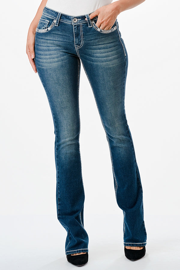 Aztec Embroidery Mid Rise Bootcut Jeans  32" & 34"  | CEB-61798