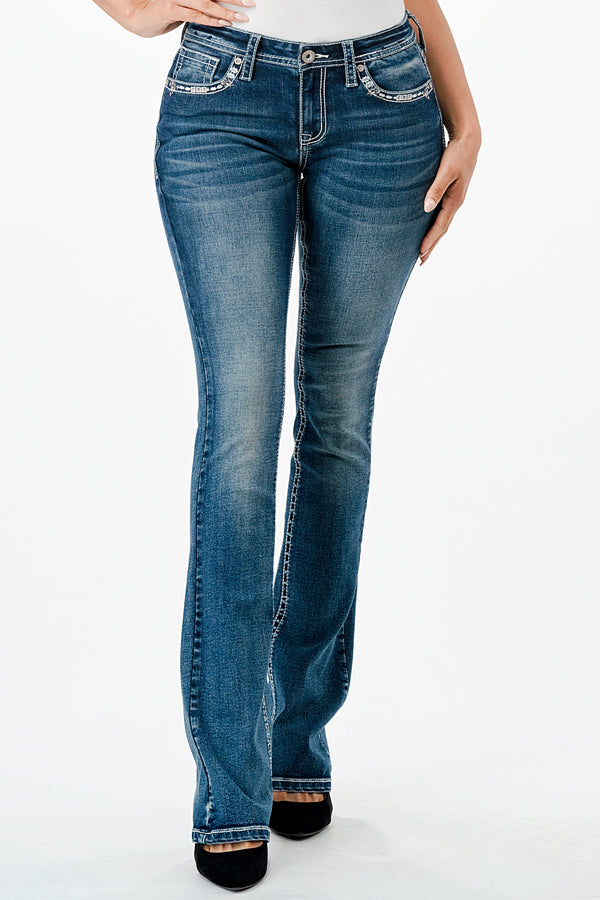 Heavy Stitches Emboridery Mid Rise Bootcut Jeans   | CEB-61817