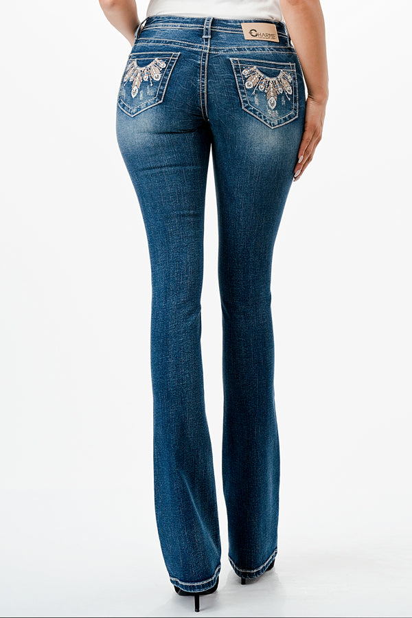 Feather Embroidery Mid Rise Bootcut Jeans   | CEB-61821-32" &34"