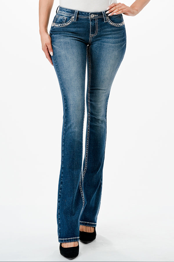 Feather Embroidery Mid Rise Bootcut Jeans   | CEB-61821-32" &34"