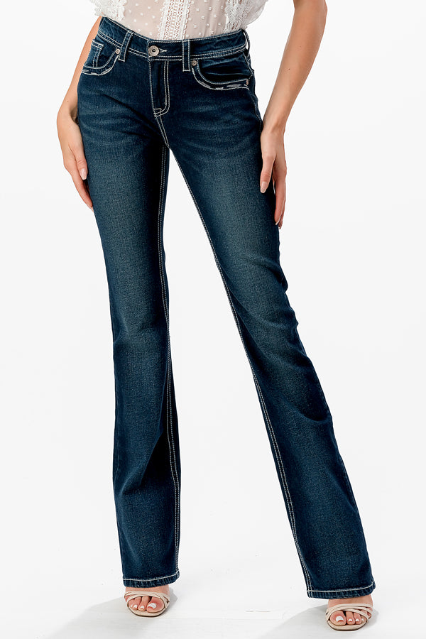Steer Head Embroidery Mid Rise Bootcut Jeans   | CEB-S621-32" & 34"