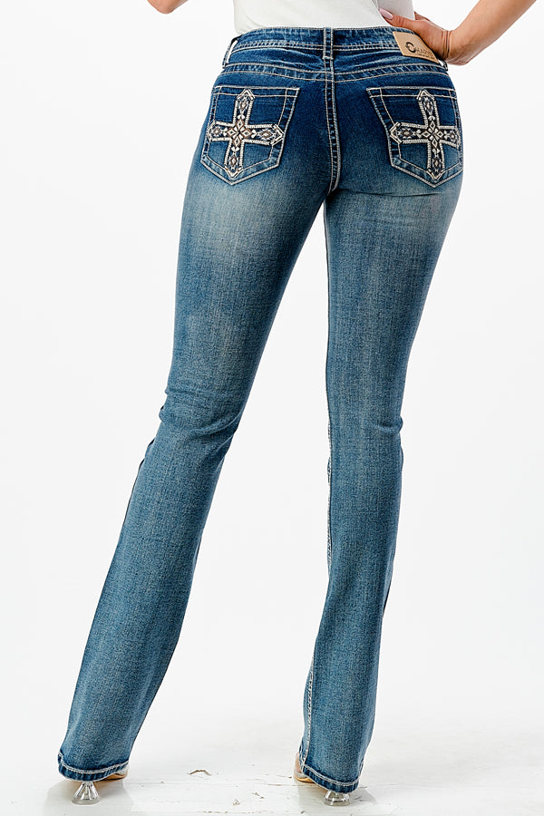 Cross Embroidery Mid Rise Bootcut Jeans 32" | CEB-S622-32