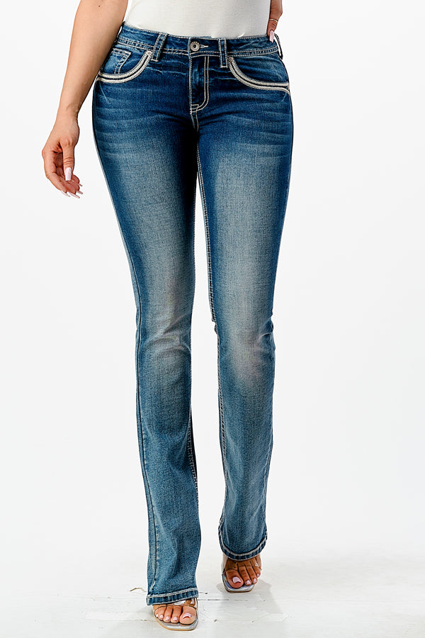 Cross Embroidery Mid Rise Bootcut Jeans 32" | CEB-S622-32