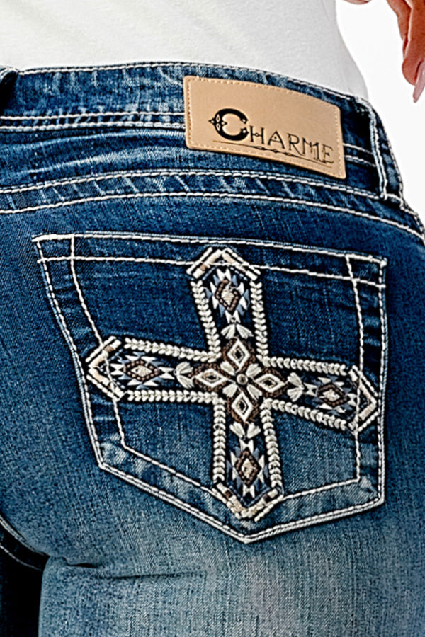 Cross Embroidery Mid Rise Bootcut Jeans 32" | CEB-S622-32