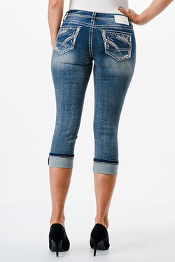 Heavy Stitch Embellishment Mid Rise Capri Jeans | CEC-51330