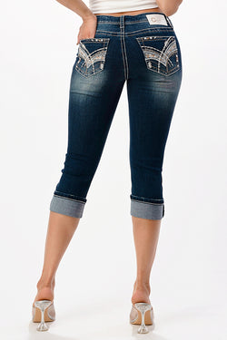 Heavy Stitch Embellishment Mid Rise Capri Jeans | CEC-51654