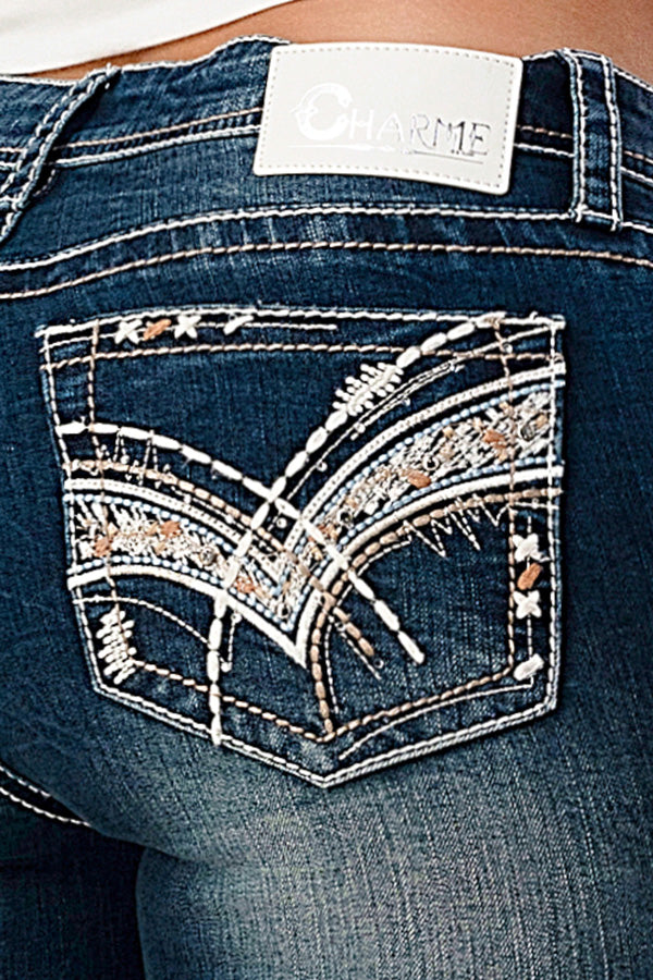 Heavy Stitch Embellishment Mid Rise Capri Jeans | CEC-51654