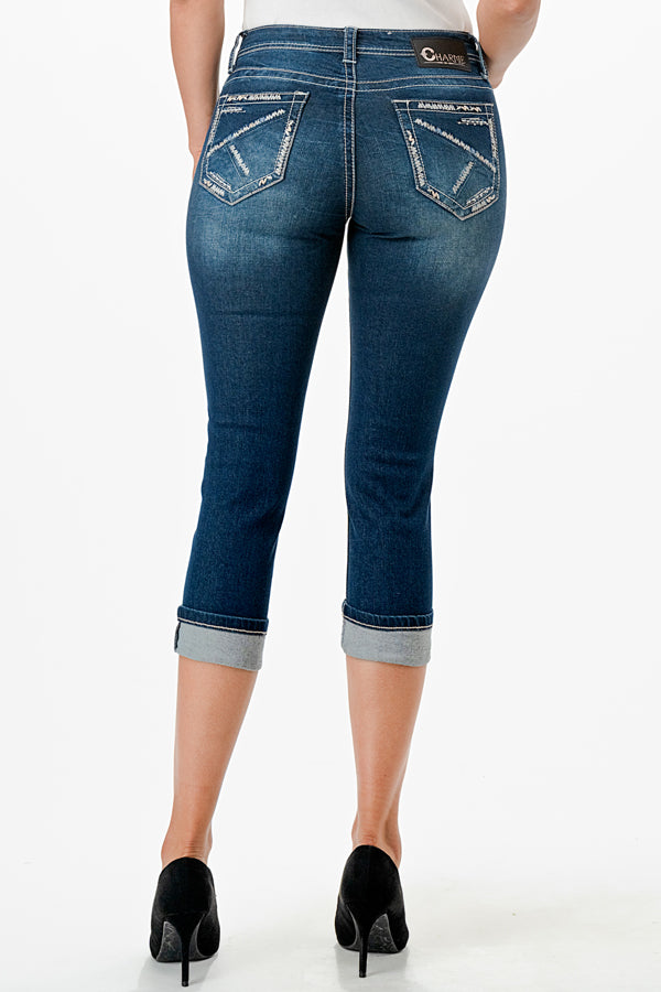Border Embroidery Mid Rise Capri Jeans | CEC-51722