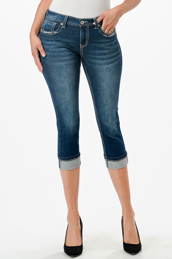 Border Embroidery Mid Rise Capri Jeans | CEC-51722